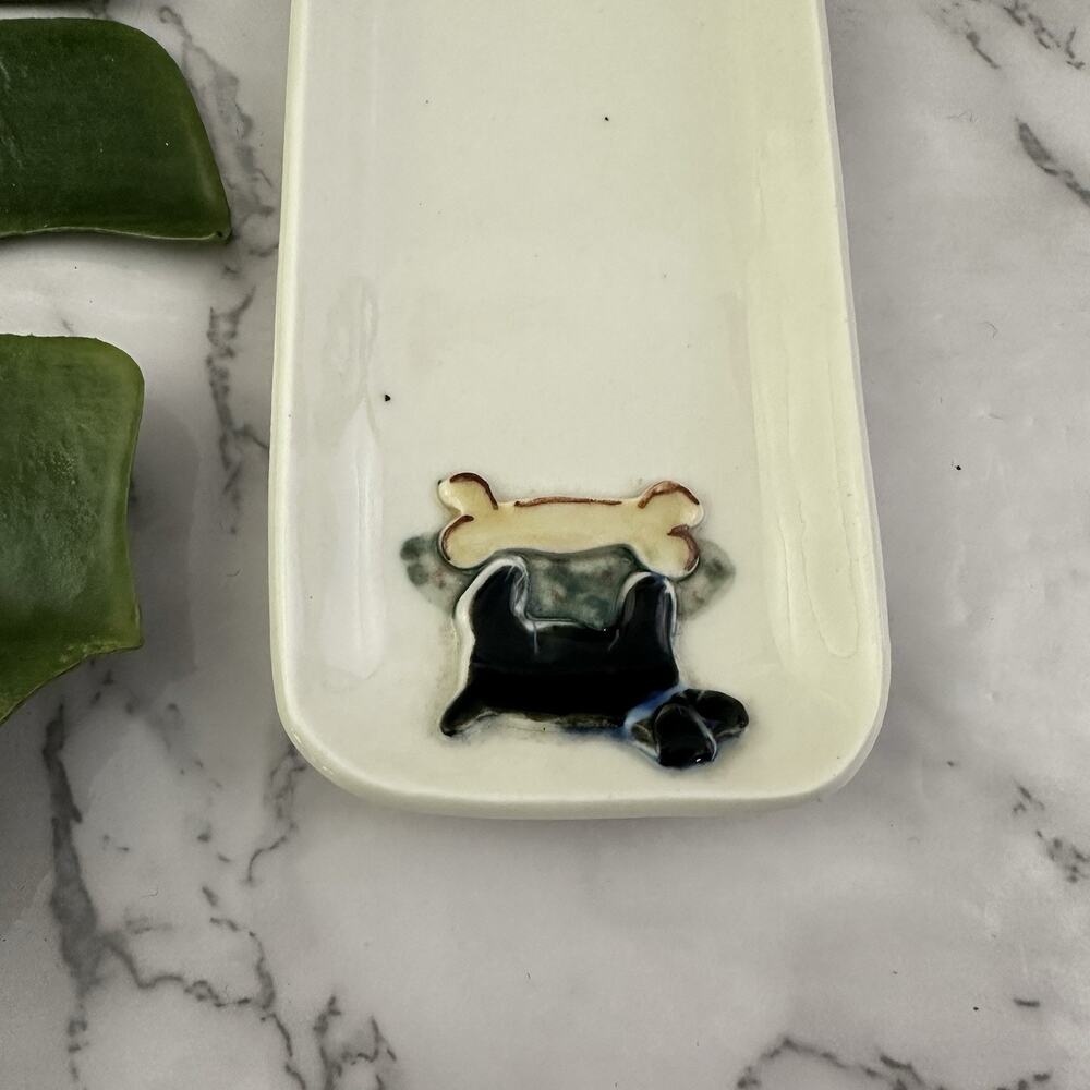 The Porcelain Pasture Black Dog Trinket Dish Ring Tray White Bone Caroline Puppy - Picture 3 of 5